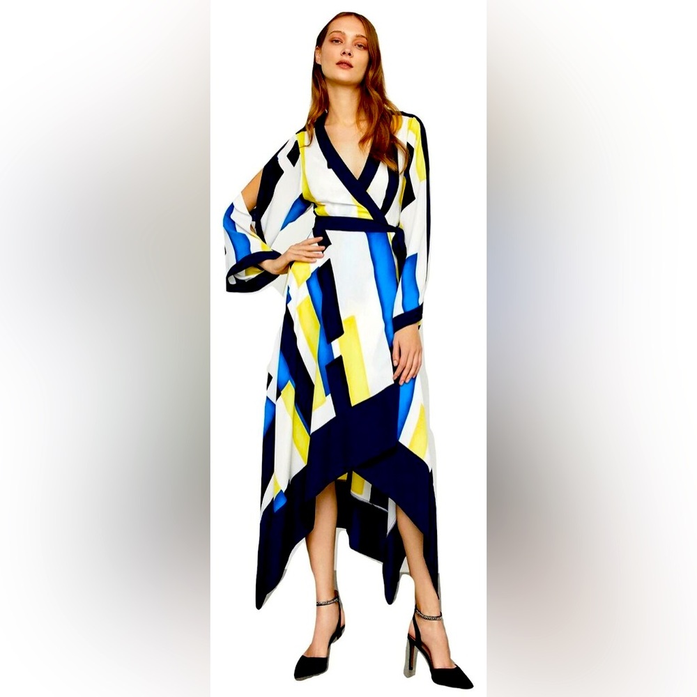 BCBG YELLOW COLOR BLOCKED HANDKERCHIEF ASSYMETRCAL DRESS